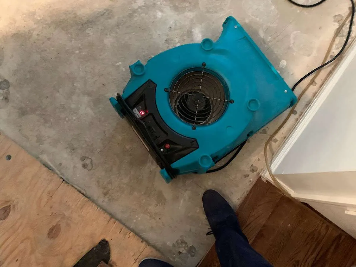 Air mover drying subfloor during Commercial Water Damage Restoration in Fort Washington